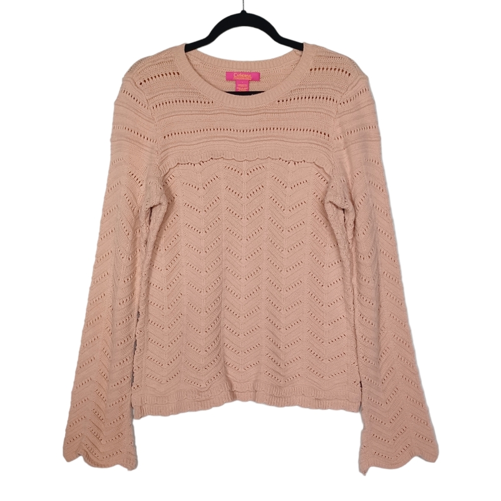 CATHERINE MALANDRINO Blush Tan Pink Knit Long Flare Sleeve Stretchy Top Large